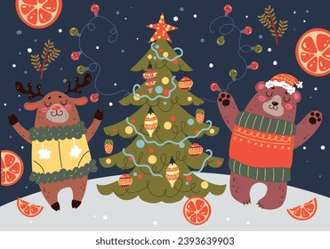 Forest cute animal near christmas tree winter xmas Merry Christmas Happy New Year concept. Vector graphic design illustration
