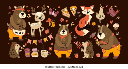 Forest cute Tier Set Cartoon. Farbige Herbstfiguren - Bär, Fuchs, Hirsch, Igel.