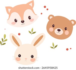 Forest cute animals. Animal faces. Fox, hare, bear