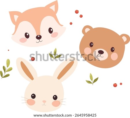 Forest cute animals. Animal faces. Fox, hare, bear