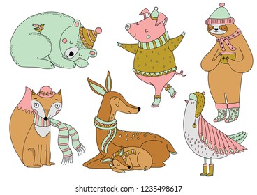 Forest cute animals collection with deer family, christmas bear, fox, sloth, winter bird and little pig. Baby animal character set. 