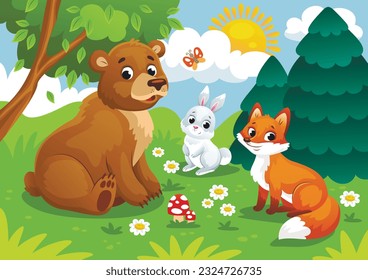 Forest cute animals. Friendly rabbit, fox and bear sitting on green meadow with butterfly and flower. Colorful kind character and nature with plants in children style. Cartoon flat vector illustration