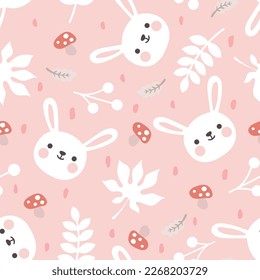 forest cute bunny with mushrooms and leaves on a pink seamless pattern background