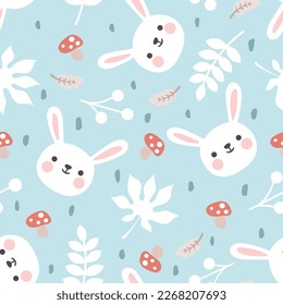 forest cute bunny with mushrooms and leaves on a blue seamless pattern background