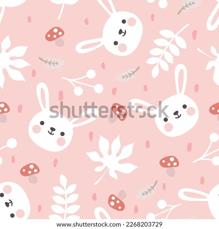 forest cute bunny with mushrooms and leaves on a pink seamless pattern background