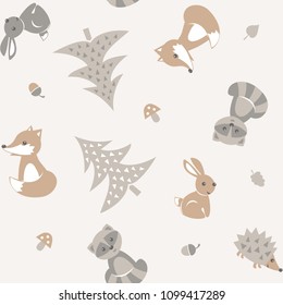 Forest with cute cartoon animals. Baby seamless pattern.  Scandinavian style. Vector illustration.