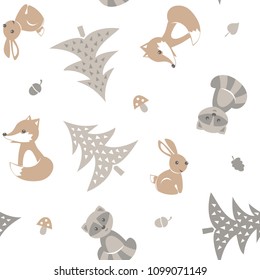 Forest with cute cartoon animals on white background. Baby seamless pattern.  Vector illustration.