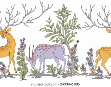 Forest cute deer animals pattern with white background.