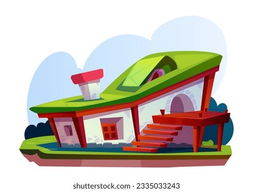 Forest cute home. Rustic stone building with green roof and wooden staircase. Isometric fairy house in dwarf valley for game ui design. Cartoon flat vector illustration isolated on white background
