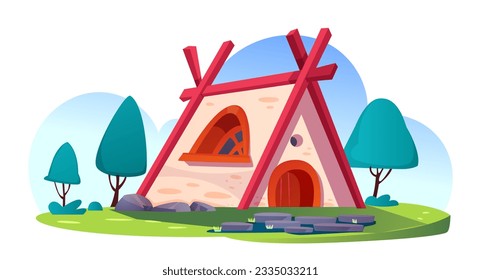 Forest cute home. Stone house with wooden inserts and window in magical dwarf valley. Fairy village building for ui game design. Cartoon flat vector illustration isolated on white background