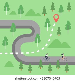 Waldradweg, Vektorgrafik. Freunde Radfahren auf der Karte mit grünen Bäumen, Hügeln und Lage Pin. Wandern, Sport, gesunder Lebensstil, Online-Navigations-App-Konzept