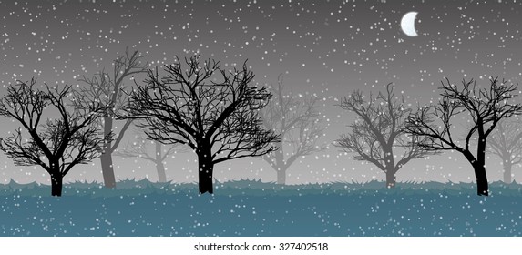 forest in the dark mist with falling snow and silhouettes of the trees
