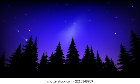 Bosque de silueta oscura paisaje de la silueta plana ilustración colorida noche cielo azul con estrellas de manera lechosa en la mañana. Vector panorámico de fondo para turismo, viajes, aventura de camping.