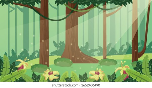 forest day landscape scene with flowers vector illustration design