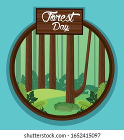 forest day landscape with wooden label in circular frame vector illustration design