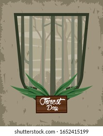 forest day landscape with wooden label in shield vector illustration design