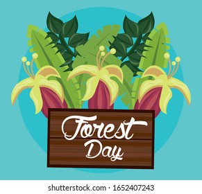 forest day wooden label with wild flowers vector illustration design
