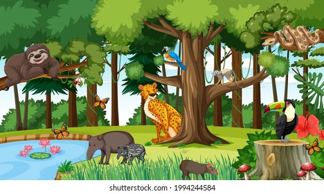 Forest at daytime scene with different wild animals illustration