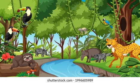 Forest at daytime scene with different wild animals illustration