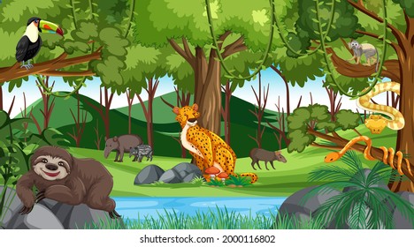 Forest at daytime scene with different wild animals illustration