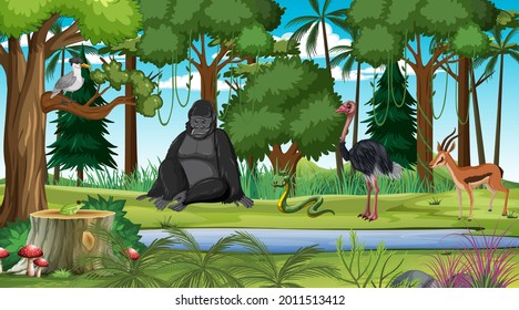 Forest at daytime scene with different wild animals illustration