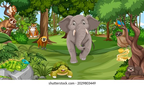 Forest at daytime scene with many different wild animals illustration