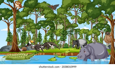 Forest at daytime scene with many different wild animals illustration