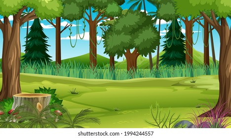 Forest at daytime scene with various forest plant and tree  illustration