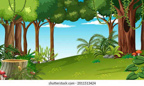 Forest at daytime scene with various forest plant and tree illustration