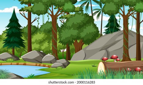 Forest at daytime scene with various forest trees illustration