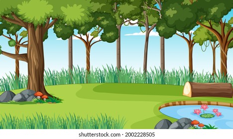 Forest at daytime scene with various forest trees illustration