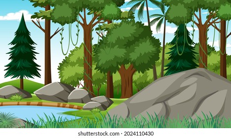 Forest at daytime scene with various forest trees illustration