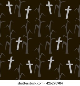 Forest of dead trees and rickety crosses glowing in the night. Seamless Halloween pattern. Eerie background in black and gray colors. Vector illustration
