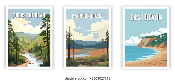 Forest of Dean, Cannock Chase, East Devon Illustration Art. Travel Poster Wall Art. Minimalist Vector art