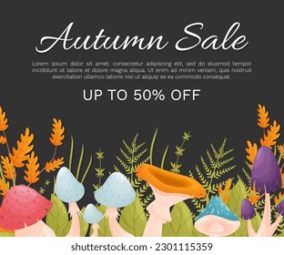 Forest Decor Banner Design with Mushroom and Leaf Vector Template