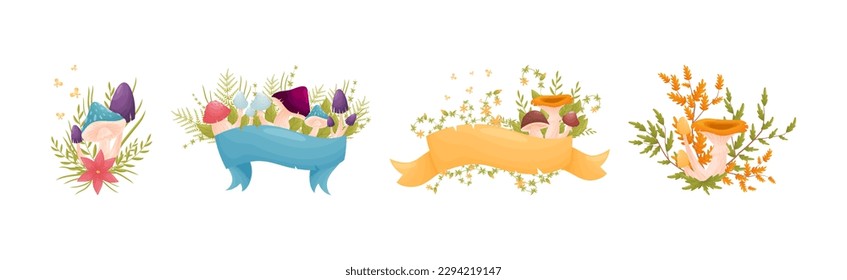 Forest Decor with Mushrooms and Foliage with Ribbon Vector Set