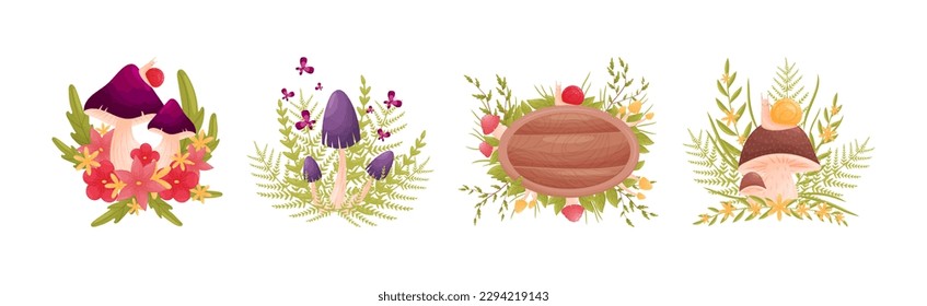 Forest Decor with Mushrooms and Foliage with Wooden Board Vector Set