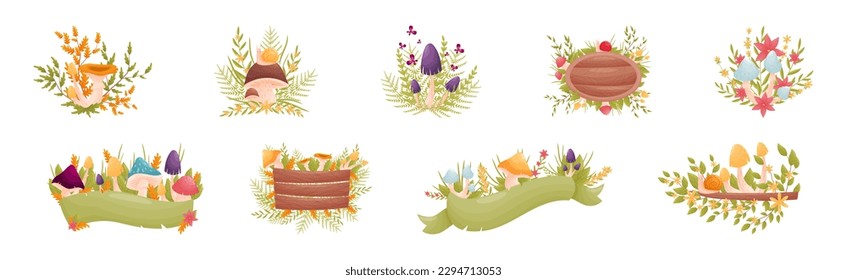 Forest Decor with Mushrooms and Foliage with Wooden Board and Ribbon Vector Set