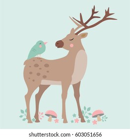 Forest deer and bird, vector illustration