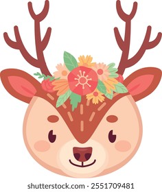 Forest deer in floral style. Spring flower wreath animal isolated on white background