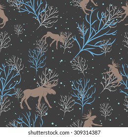 Forest deer seamless pattern. Vector winter holidays dark grey background. Trees silhouettes without foliage, moose and snow