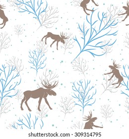 Forest deer seamless pattern. Vector winter holidays light white background. Trees silhouettes without foliage, moose and snow