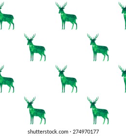 Forest deer silhouettes filled in green watercolor seamless pattern eps 8 file