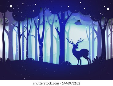 Forest and deer wildlife with winter season landscape and christmas concept on purple color background paper art style.Vector illustration.