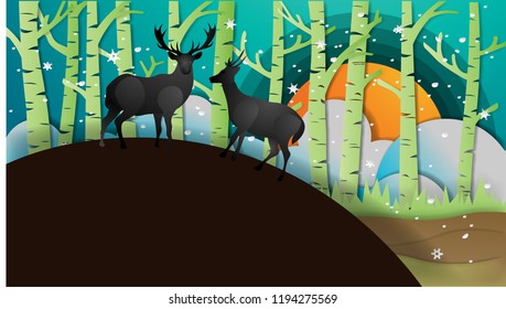 
forest deer in winter, paper art