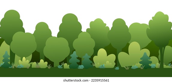 Muro denso del bosque. Paisaje veraniego con plantas y prados. Aislado sobre fondo blanco. Estilo divertido de caricatura. Diseño plano. Vector