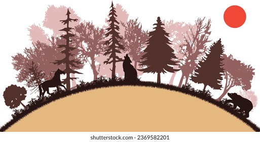 Forest design with brown colored trees and wildlife illustrated. Natural design of Forest with flora and fauna. Trees, horses, wolf and bushes design.