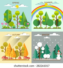 Forest design concept set with trees in different seasons flat icons isolated vector illustration