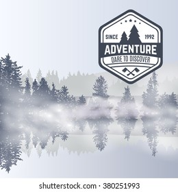 Forest Design Template With Fog. Reflection In Water. Smoke On Forest Lake. Logo Of Adventure Club. Outdoor Adventure Travel Agencies Tourism Graphic Symbols Emblems Labels. Vector Illustration