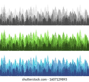 Forest different season Summer, Winter and Dark Forest collection. Pine, Spruce and Christmas Tree Panorama view Forest. Silhouette Trees. Vector illustration